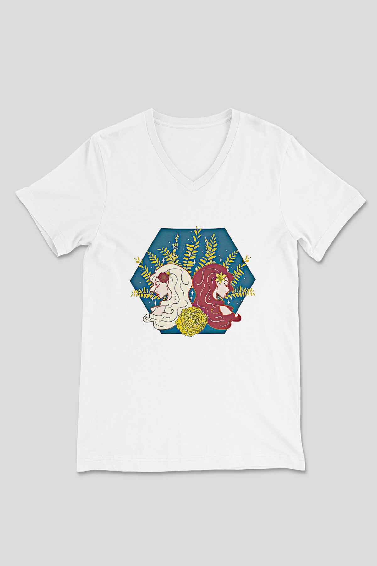 İkizler Burcu Baskılı Beyaz Unisex V Yaka Tişört - Tshirt