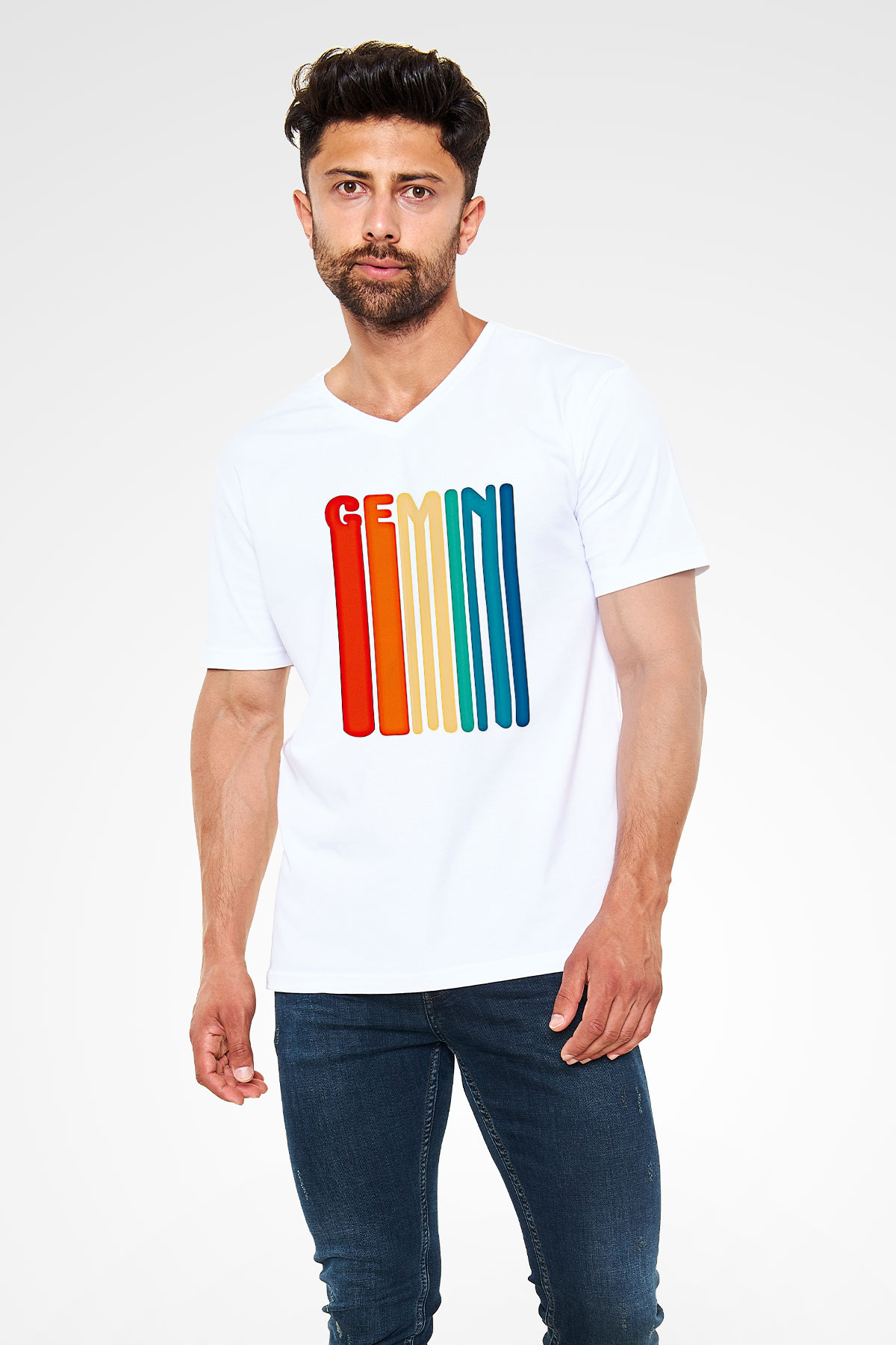 İkizler Burcu Baskılı Beyaz Unisex V Yaka Tişört - Tshirt