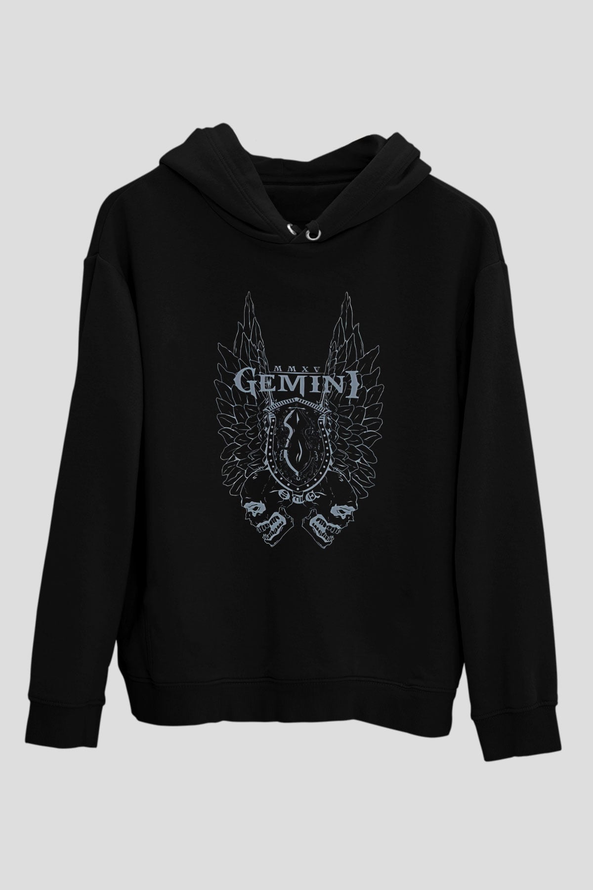 İkizler Burcu Baskılı Unisex Siyah Hoodie