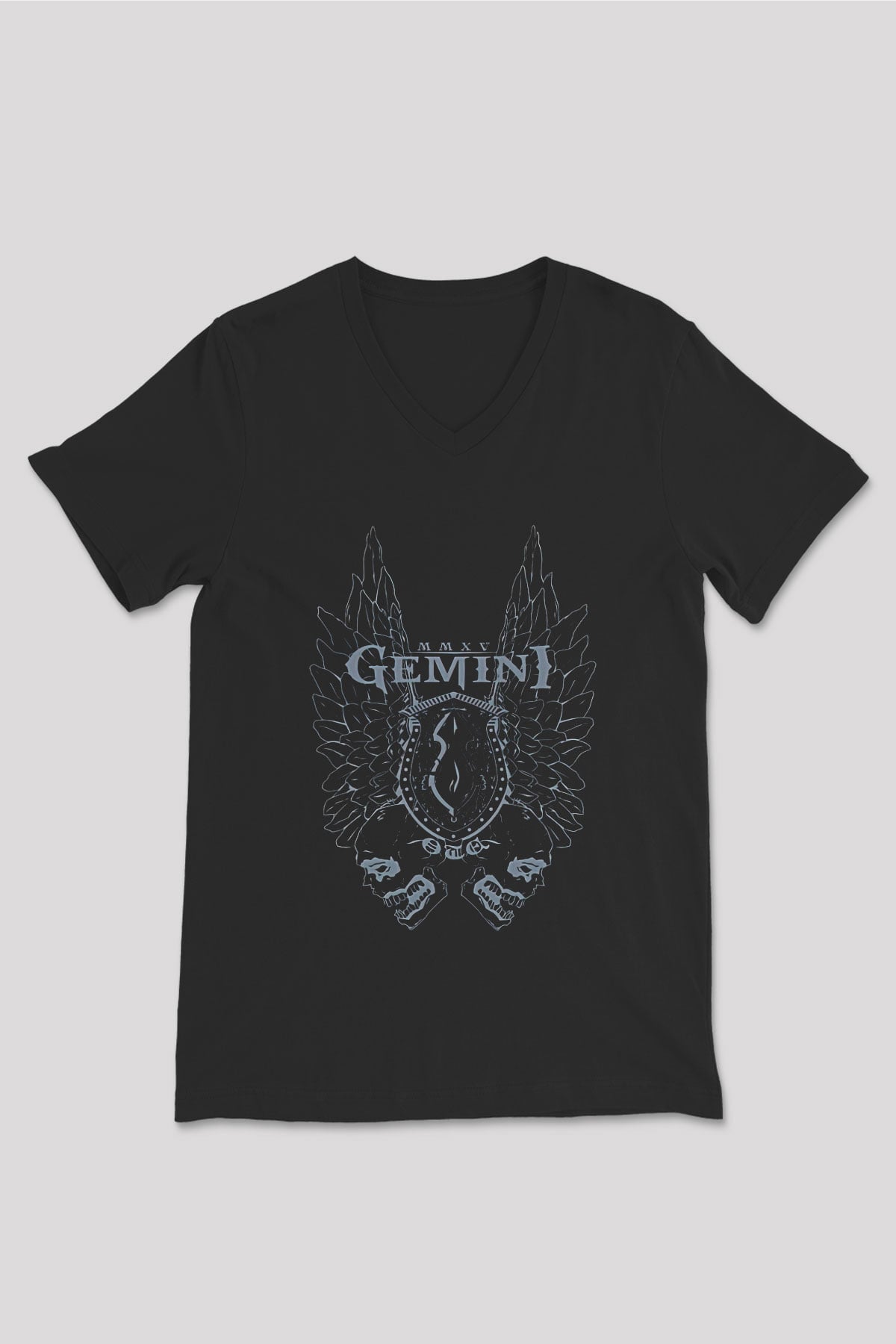 İkizler Burcu Baskılı Unisex Siyah V Yaka Tişört - Tshirt