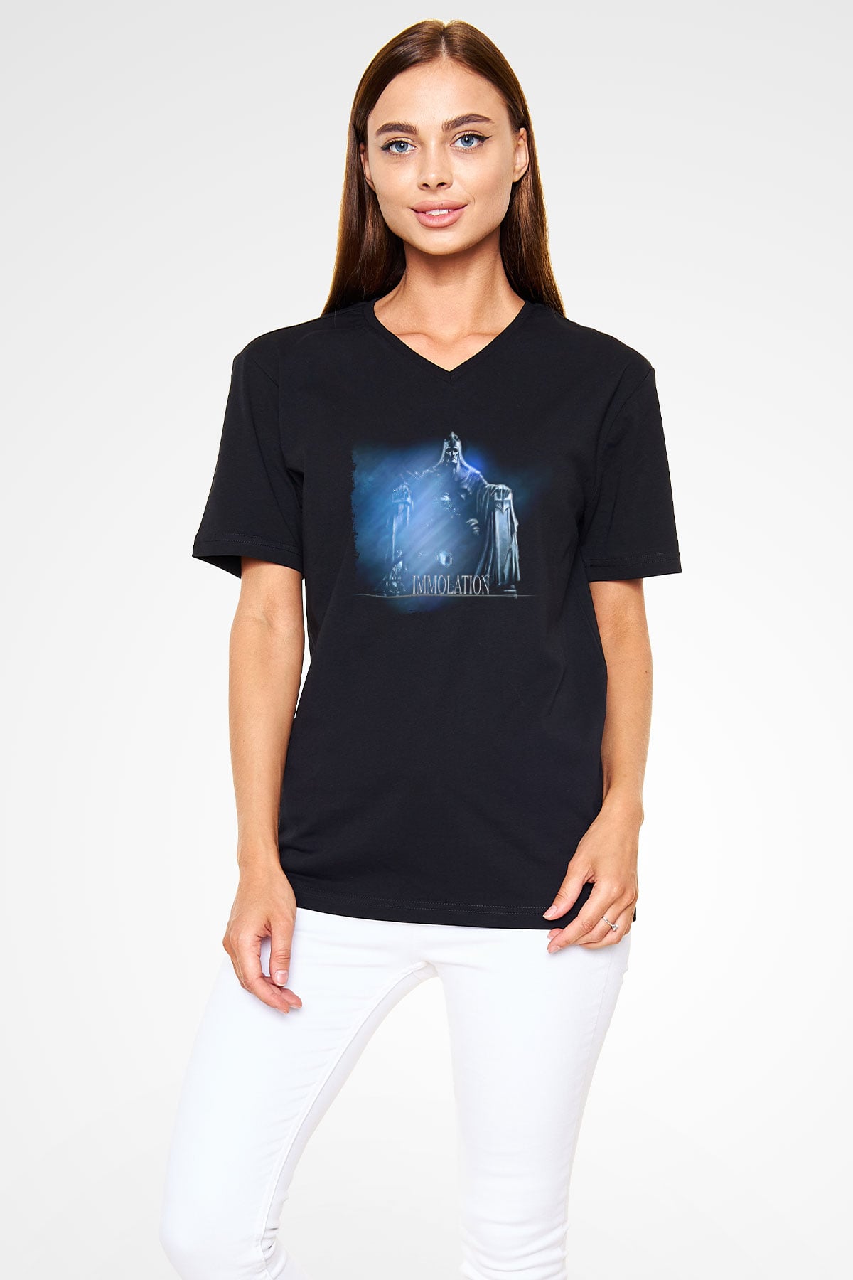 Immolation Baskılı Unisex Siyah V Yaka Tişört - Tshirt
