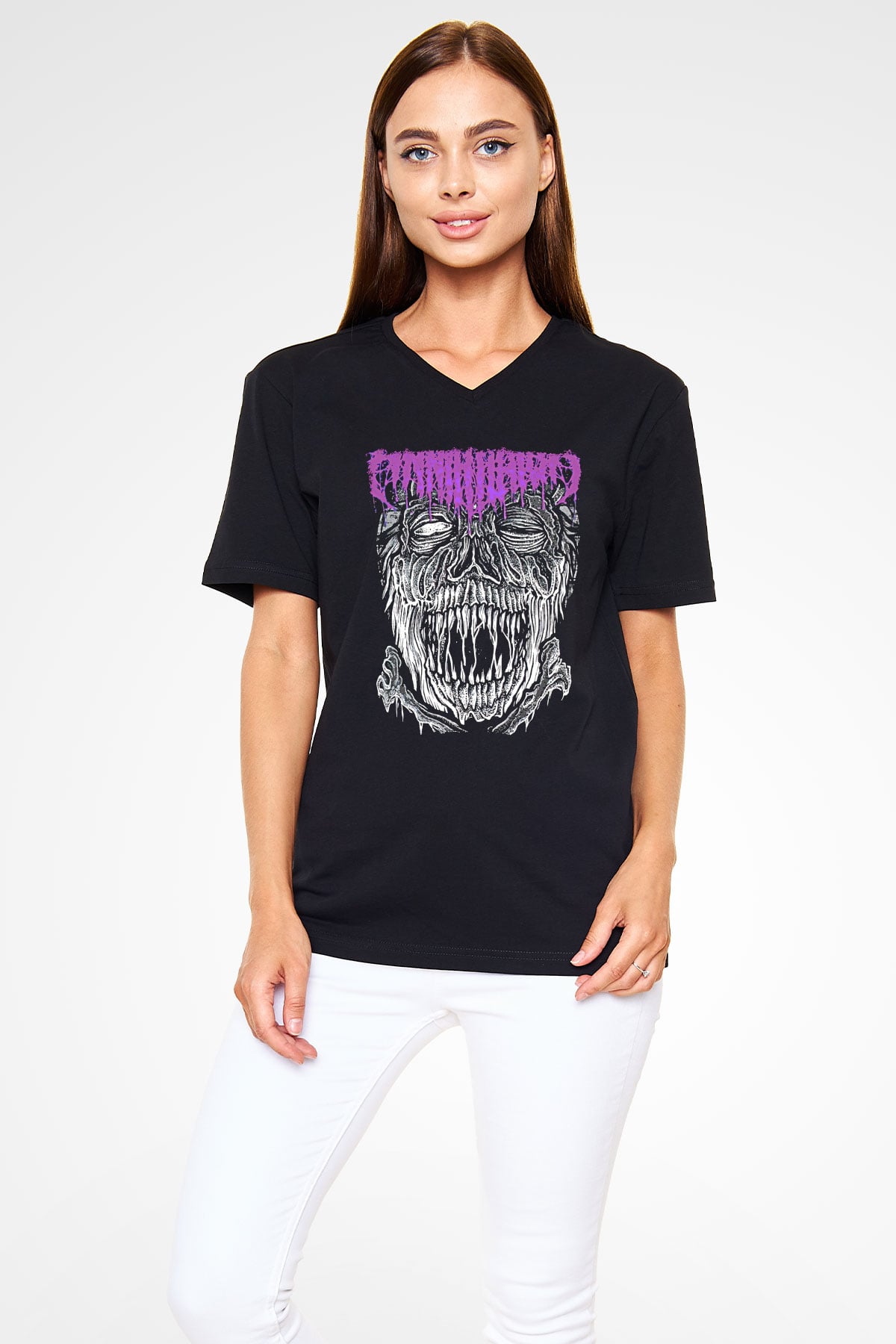 Impetigo Baskılı Unisex Siyah V Yaka Tişört - Tshirt