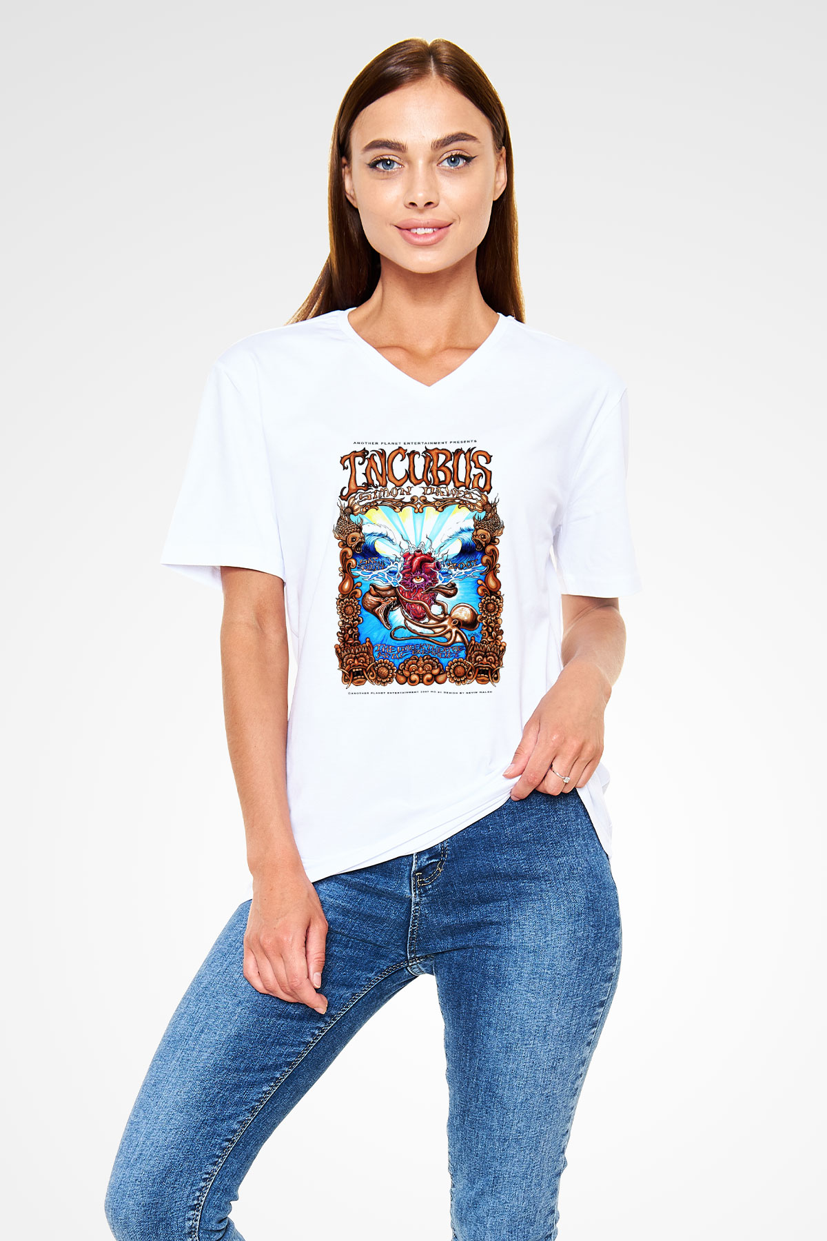 Incubus Beyaz Unisex V Yaka Tişört T-Shirt