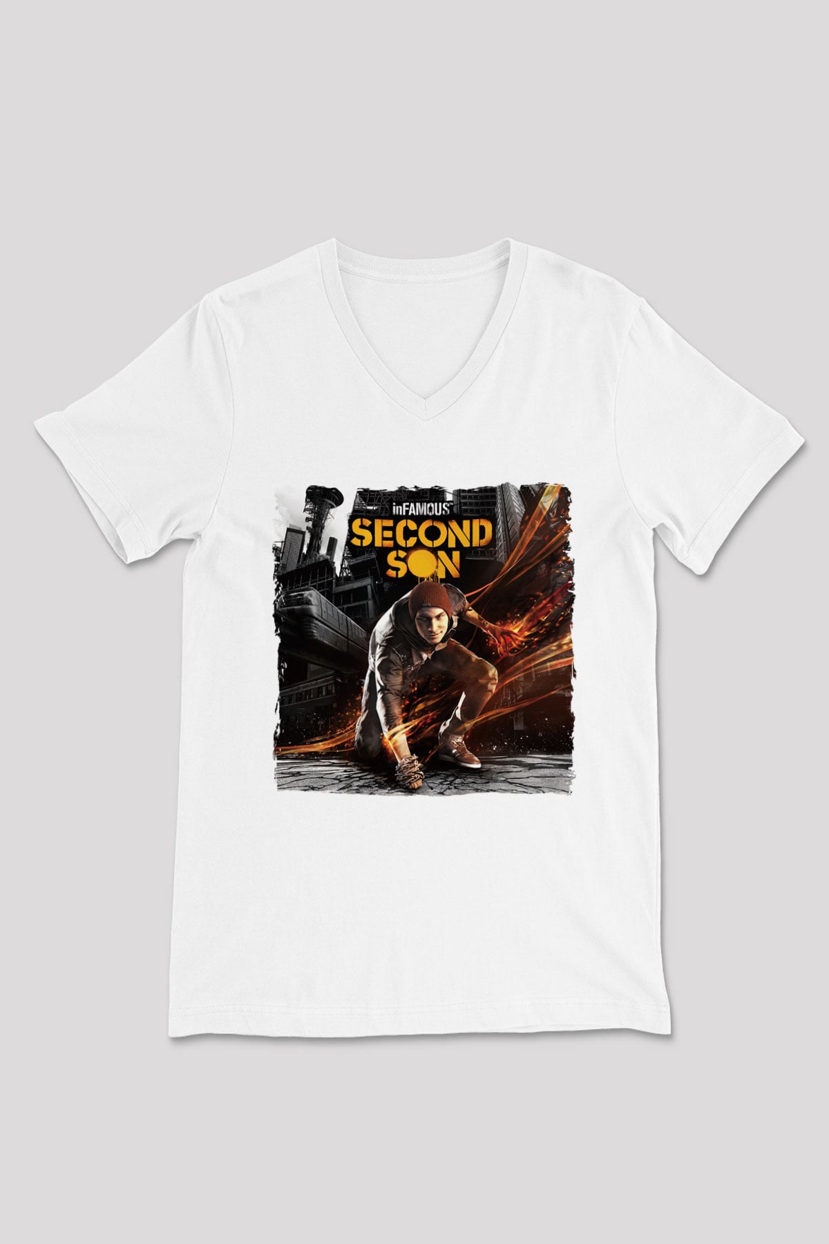 Infamous Beyaz Unisex V Yaka Tişört