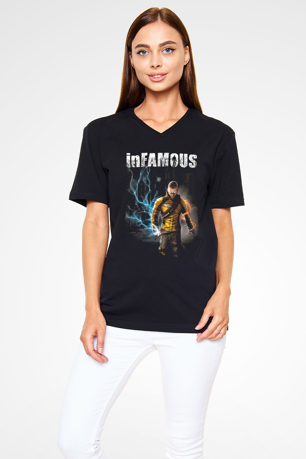 Infamous Siyah Unisex V Yaka Tişört