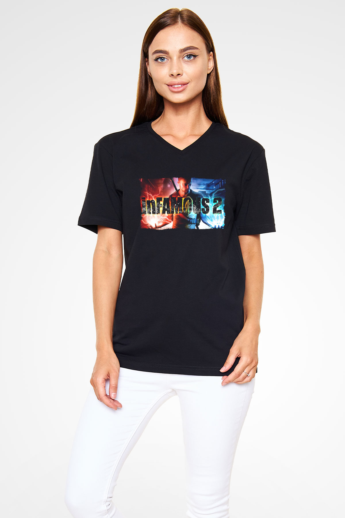 Infamous Siyah Unisex V Yaka Tişört