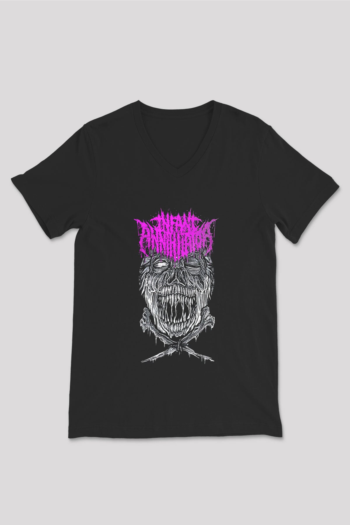İnfant Annihilator Baskılı Unisex Siyah V Yaka Tişört - Tshirt