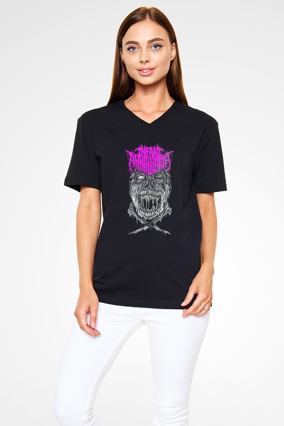İnfant Annihilator Baskılı Unisex Siyah V Yaka Tişört - Tshirt