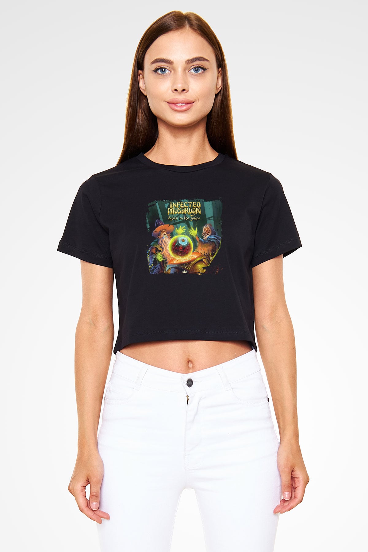 Infected Mushroom Baskılı Crop Top Siyah Kadın Tişört