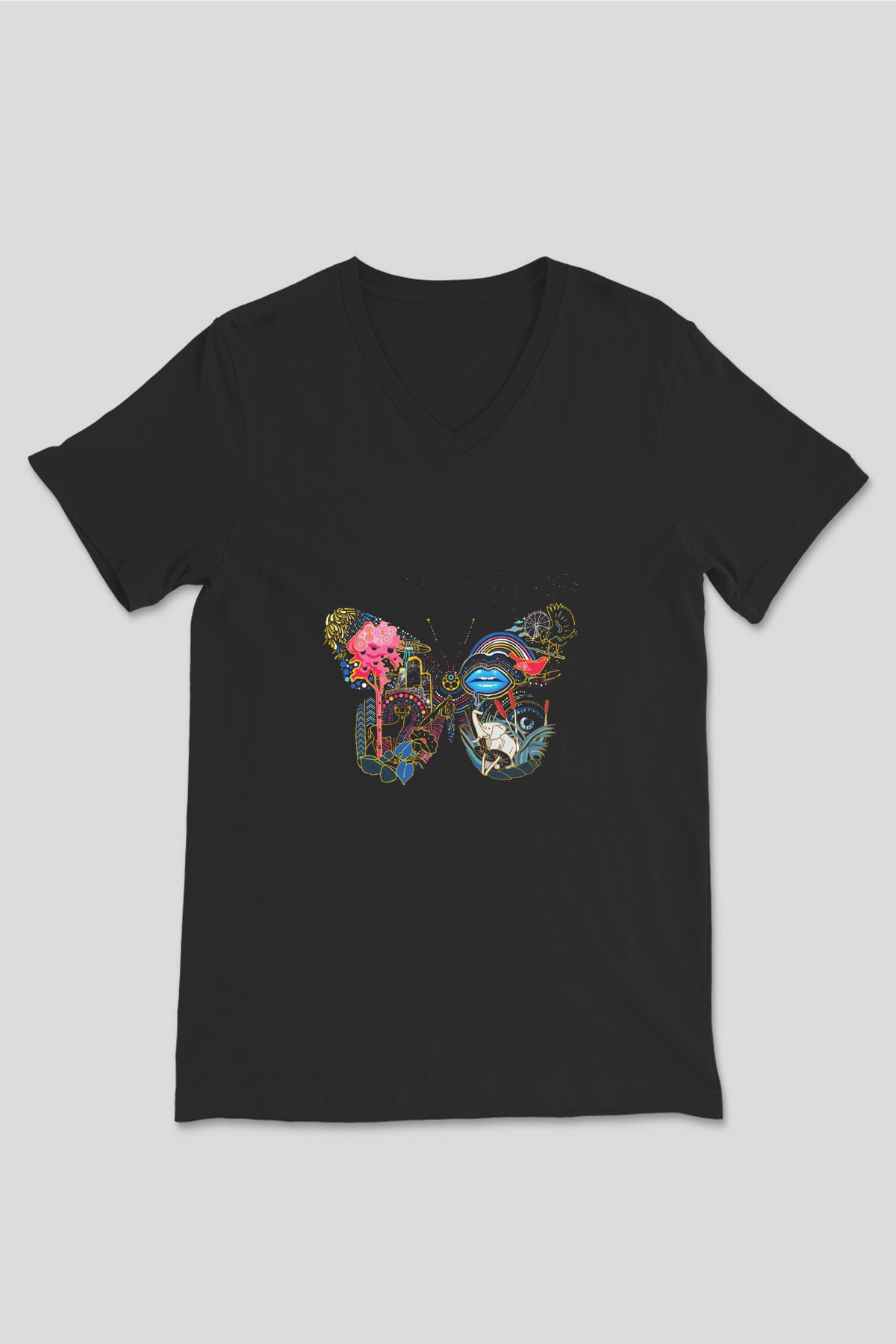 Infected Mushroom Baskılı Unisex Siyah V Yaka Tişört