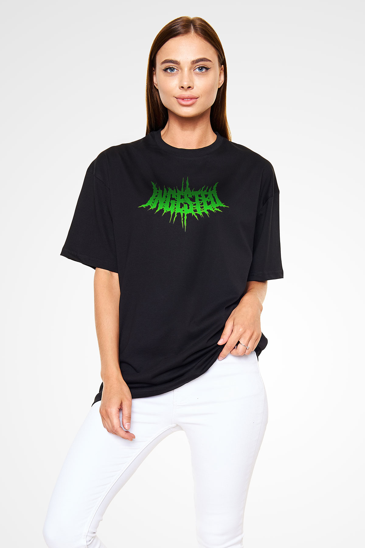 Ingested Baskılı Unisex Siyah Oversize Tişört - Tshirt