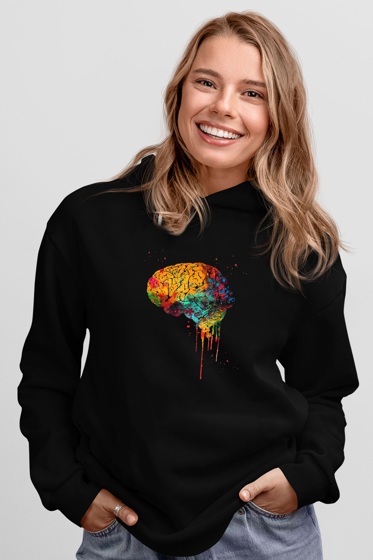 İnsan Beyin Renkli Baskılı Unisex Siyah Hoodie