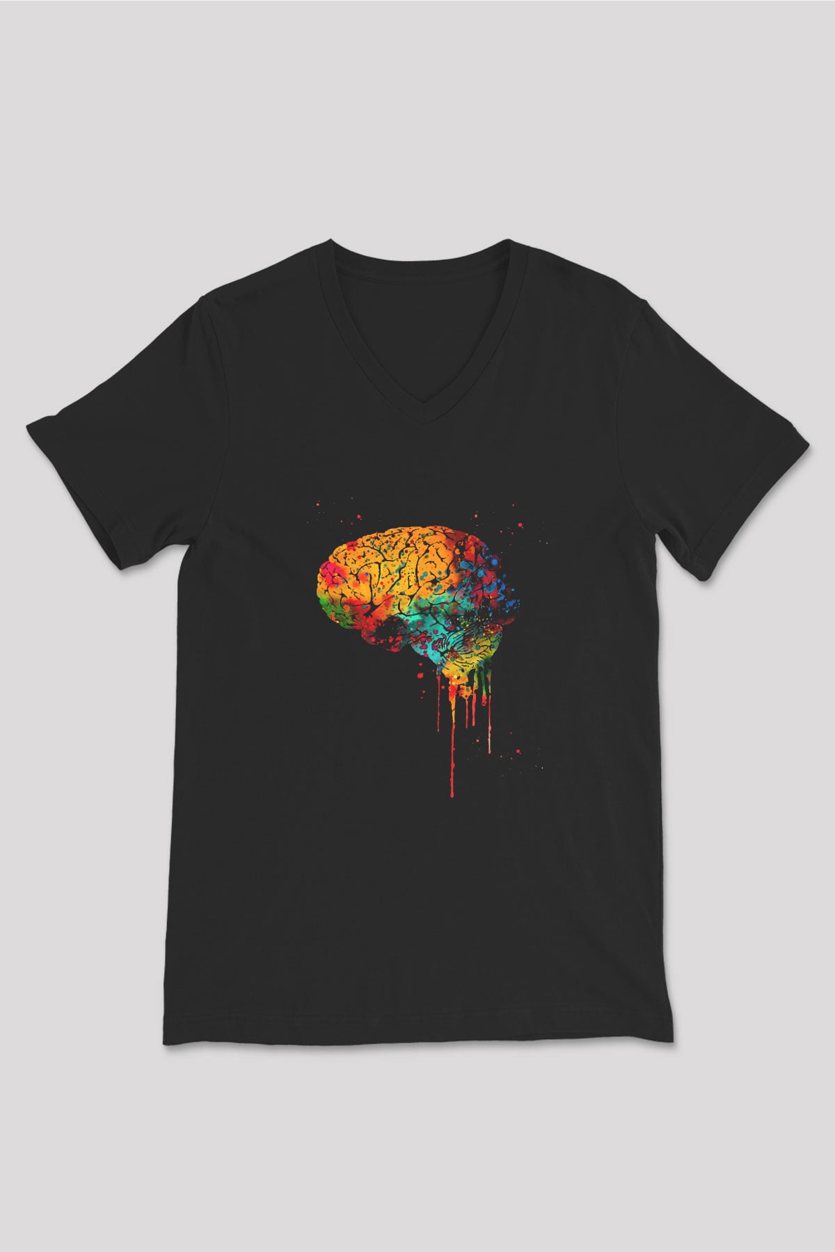 İnsan Beyin Renkli Baskılı Unisex V Yaka Siyah Tİşört - Tshirt