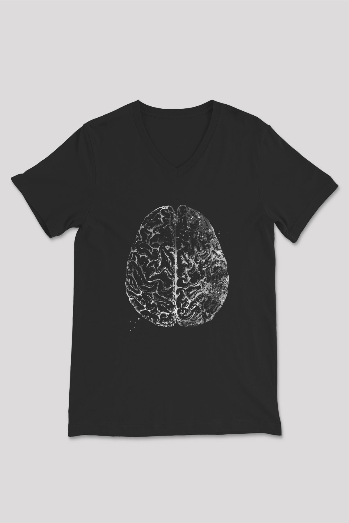 İnsan Beyni Baskılı Unisex V Yaka Siyah Tİşört - Tshirt