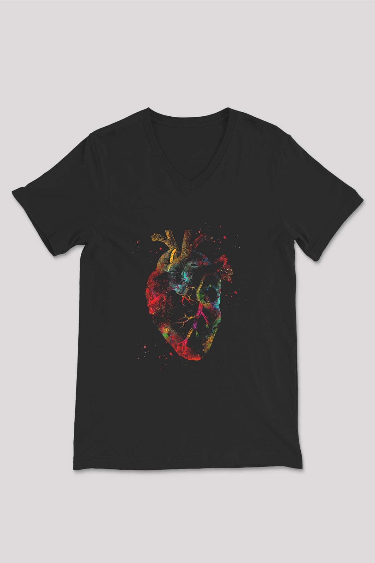 İnsan Kalbi Baskılı Unisex V Yaka Siyah Tİşört - Tshirt