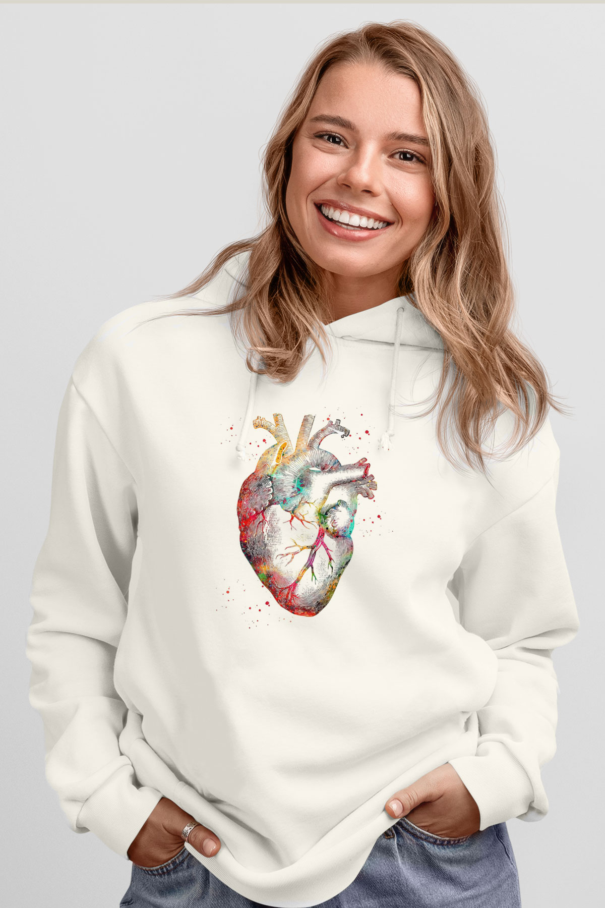 İnsan Kalbi Renkli Baskılı Unisex Ekru Hoodie