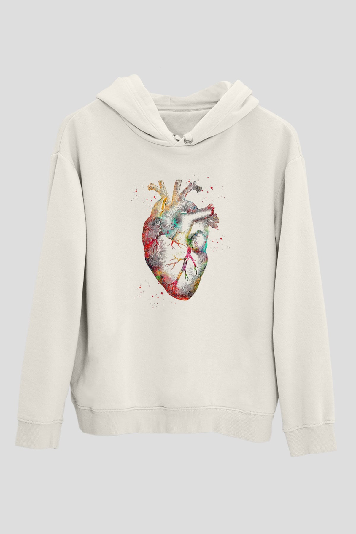 İnsan Kalbi Renkli Baskılı Unisex Ekru Hoodie