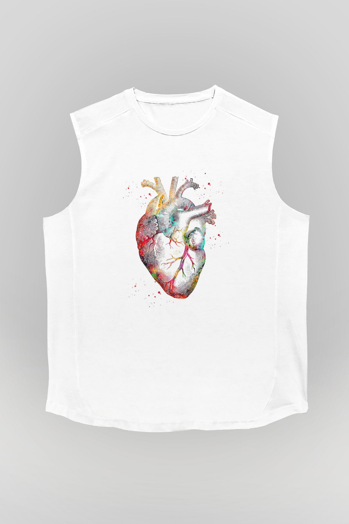 İnsan Kalbi Renkli Baskılı Unisex Kolsuz Beyaz Tişört - Tshirt
