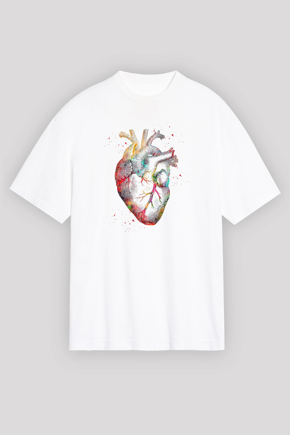 İnsan Kalbi Renkli Baskılı Unisex Oversize Beyaz Tişört - Tshirt