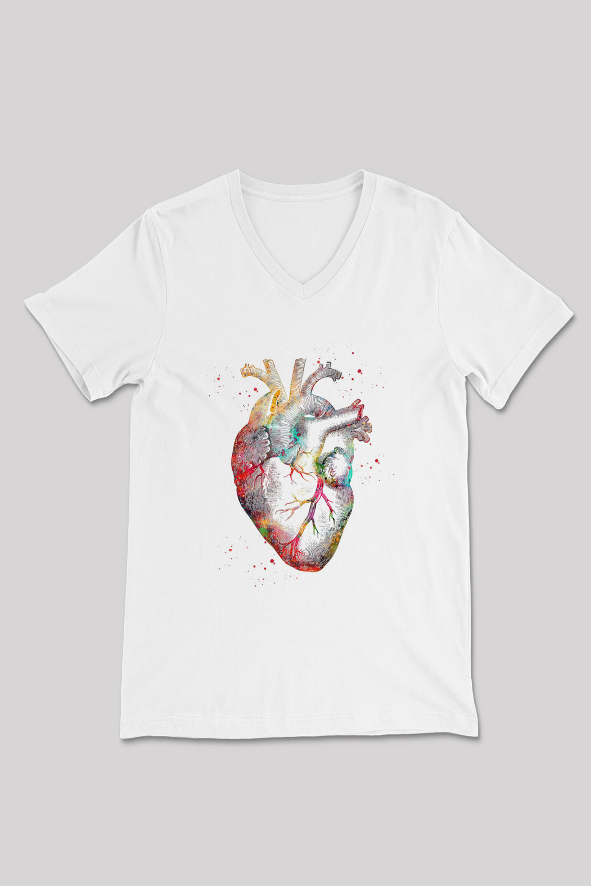 İnsan Kalbi Renkli Baskılı Unisex V Yaka Beyaz Tişört - Tshirt