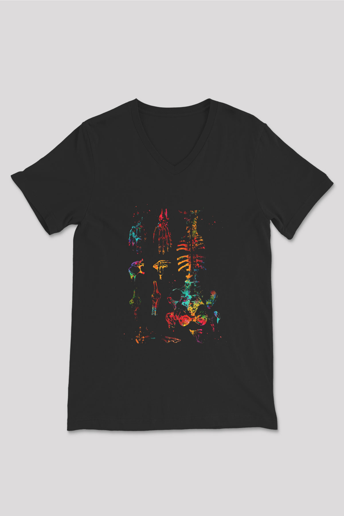 İnsan Kemikleri Renkli Baskılı Unisex V Yaka Siyah Tİşört - Tshirt