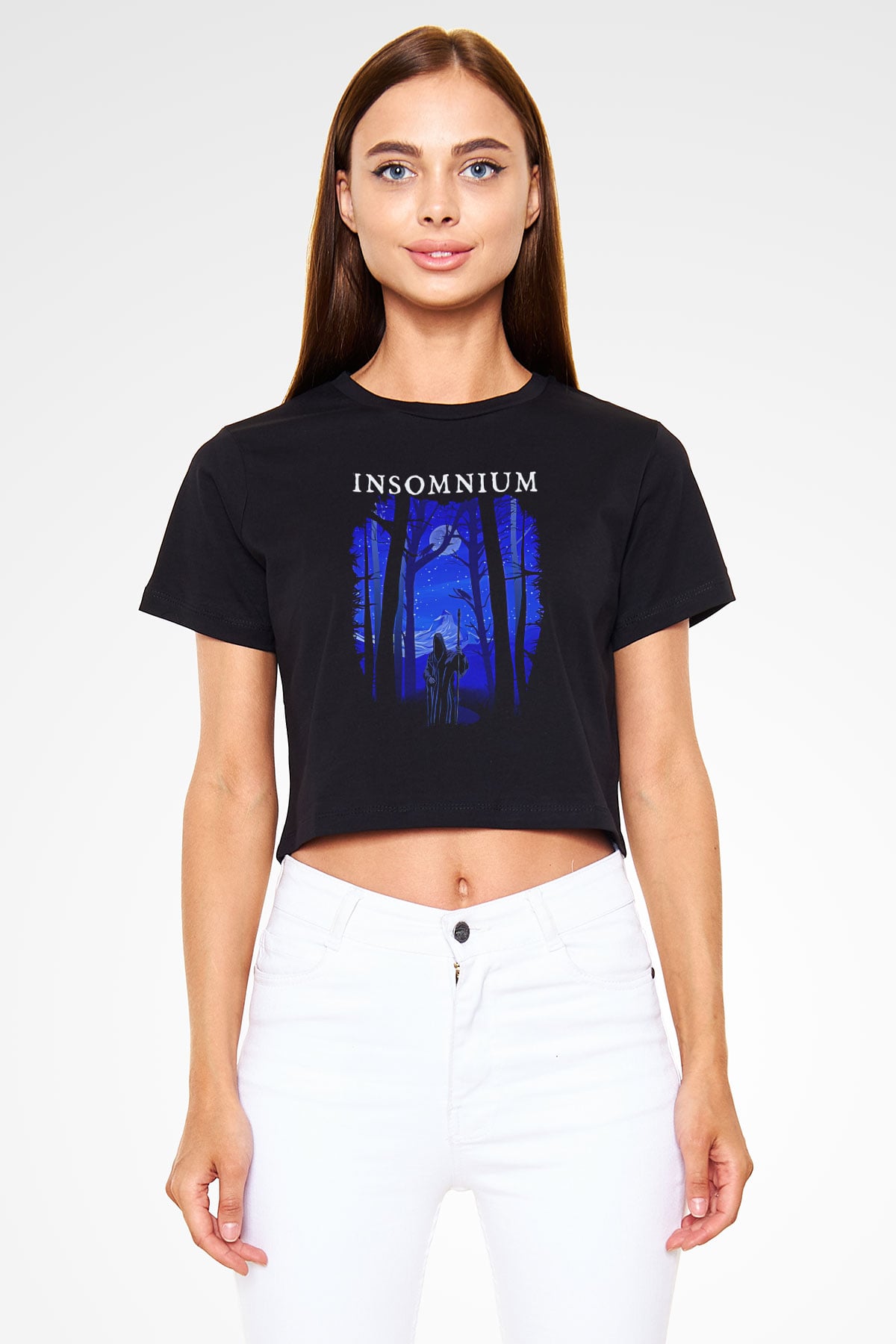 Insomnium Baskılı Siyah Crop Top Kadın Tişört - Tshirt