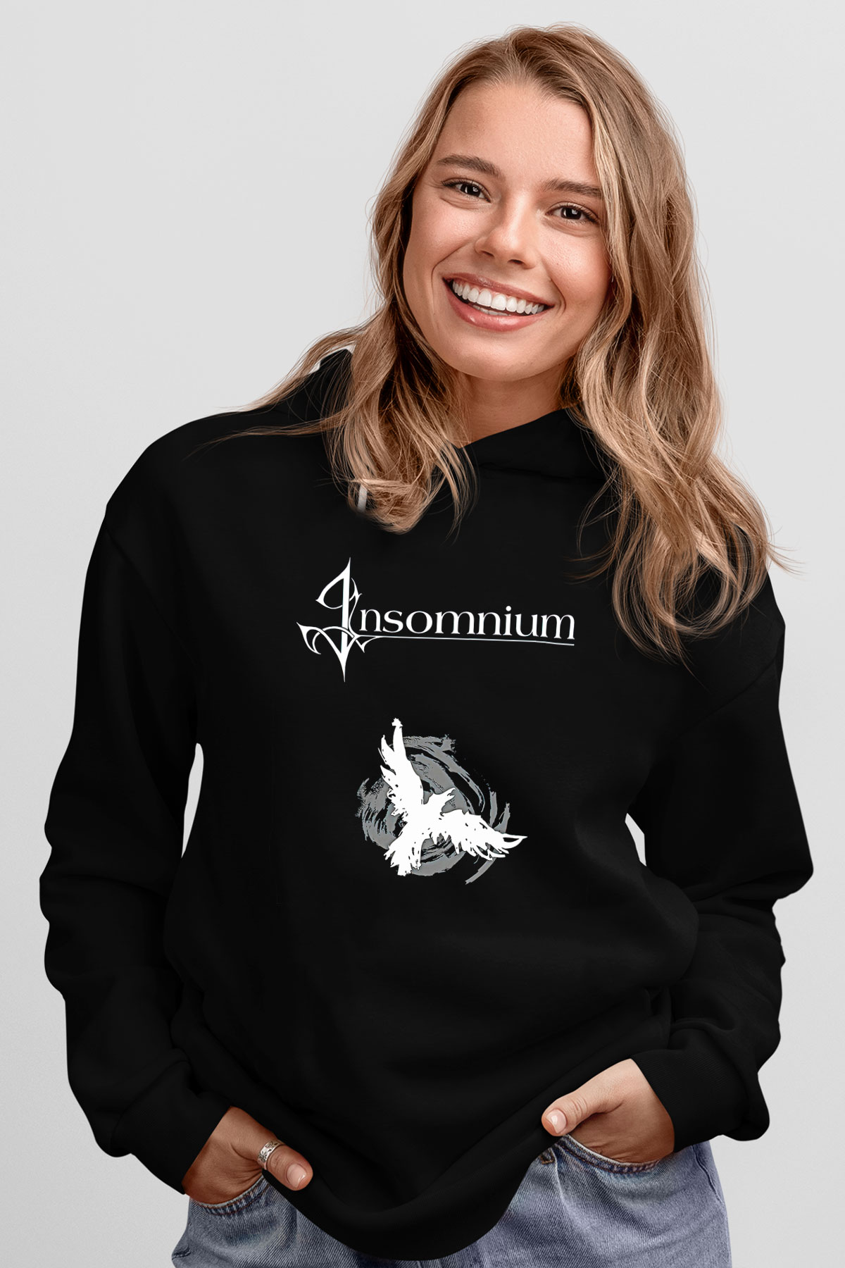 Insomnium Baskılı Unisex Siyah Kapüşonlu Sweatshirt