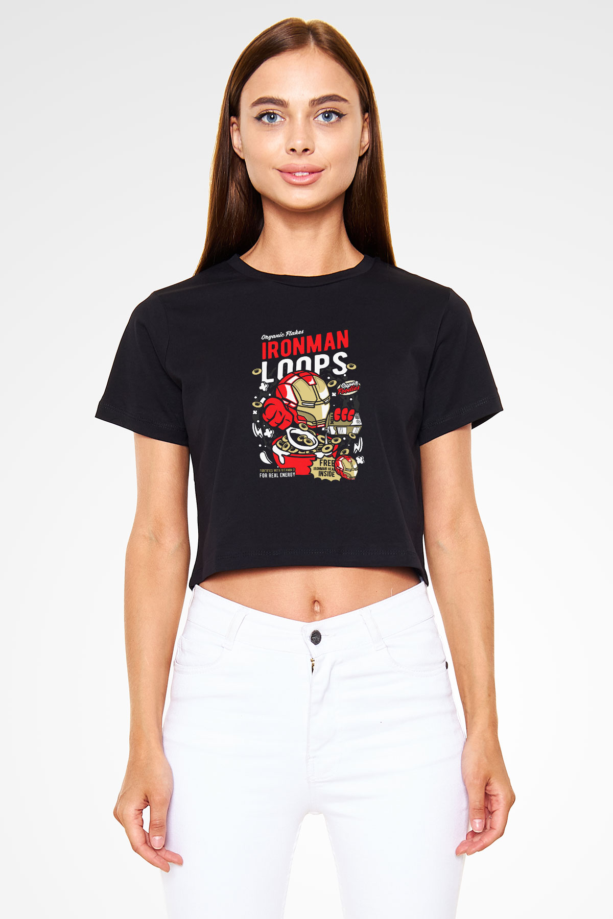 Iron Loops Baskılı  Siyah  Crop Top Tişört
