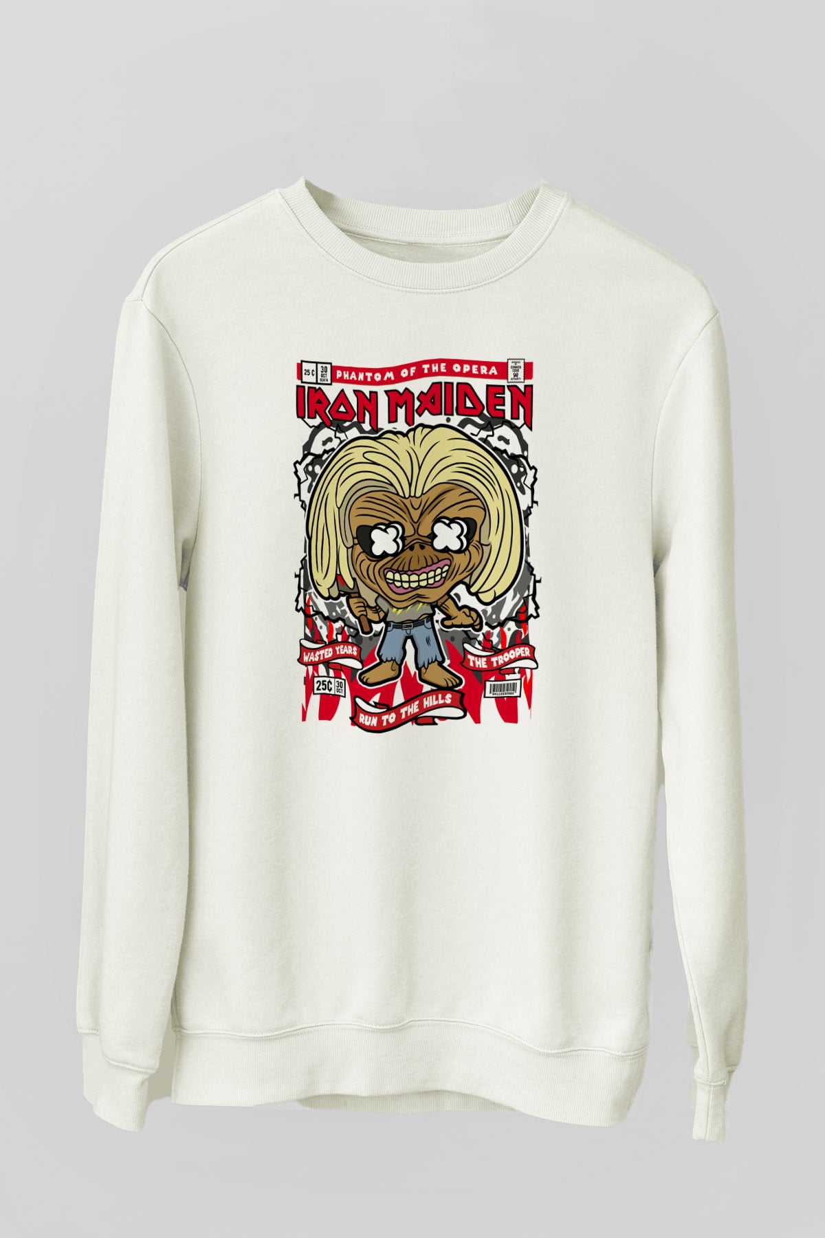 Iron Maiden Baskılı Unisex Beyaz Sweatshirt