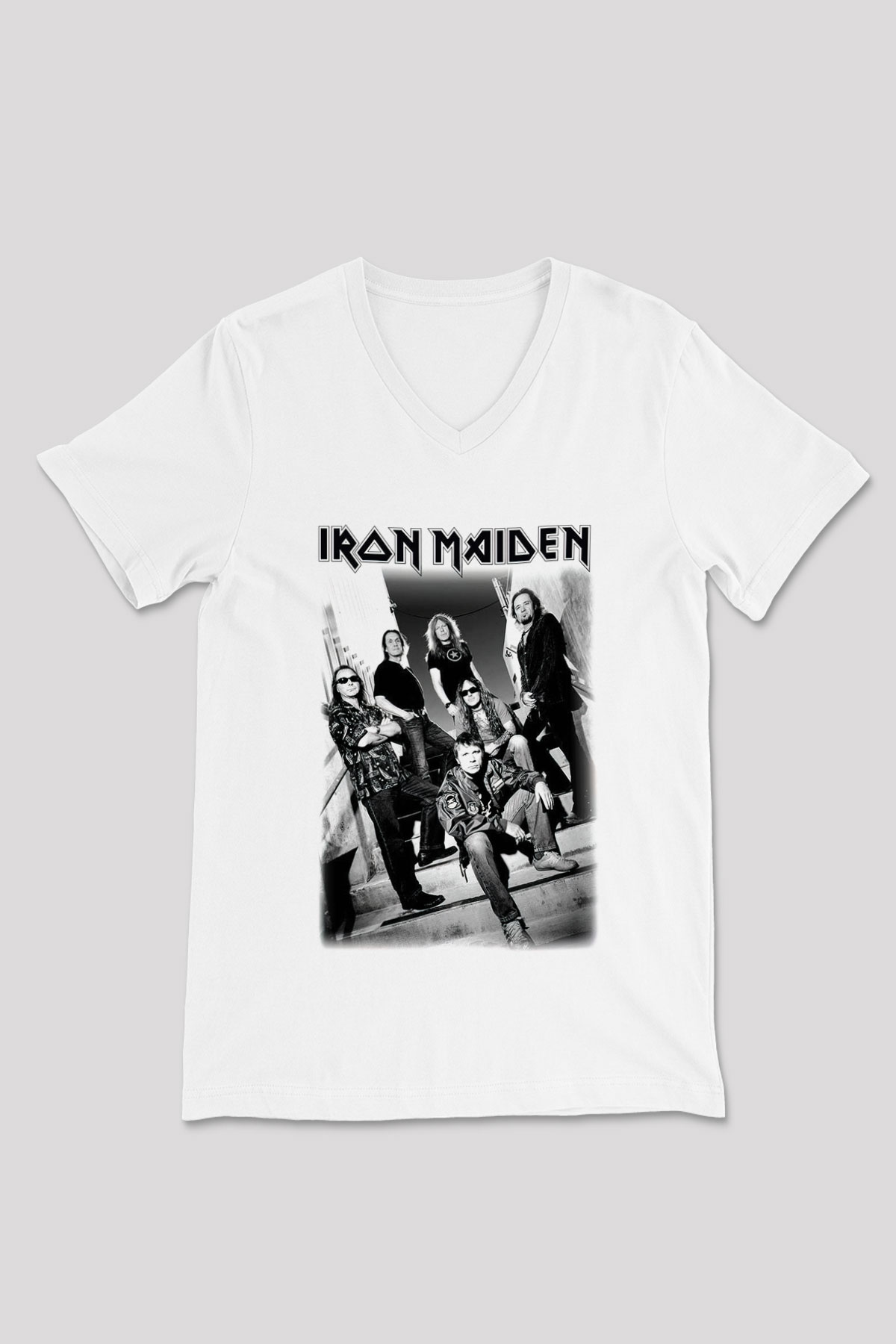 Iron Maiden Beyaz Unisex V Yaka Tişört T-Shirt