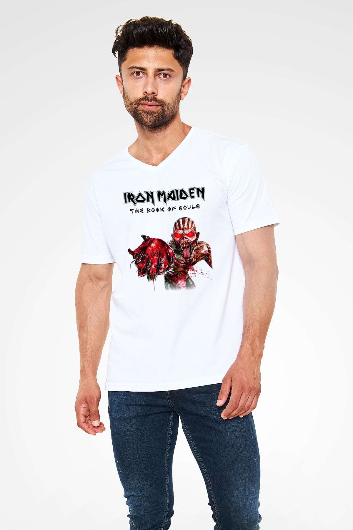 Iron Maiden Beyaz Unisex V Yaka Tişört T-Shirt
