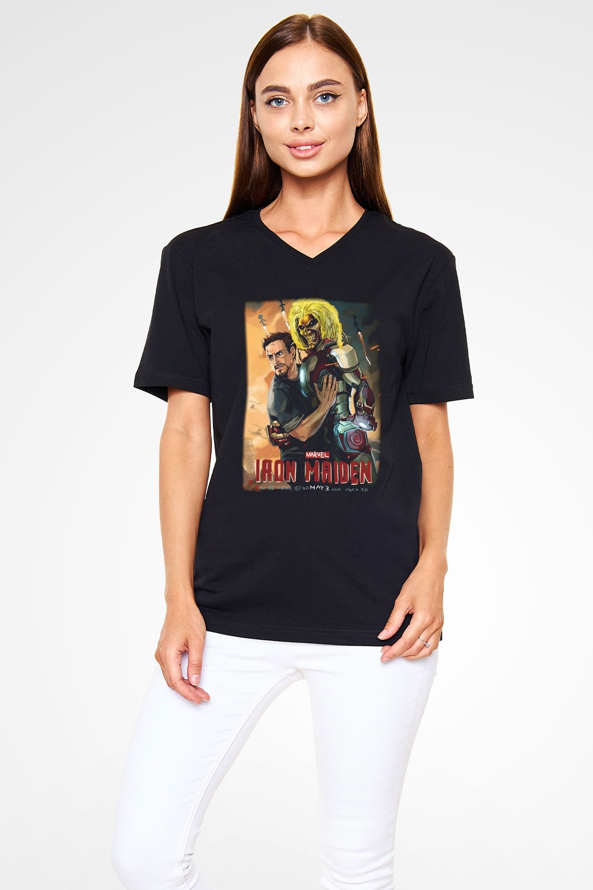 Iron Maiden Siyah Unisex V Yaka Tişört T-Shirt