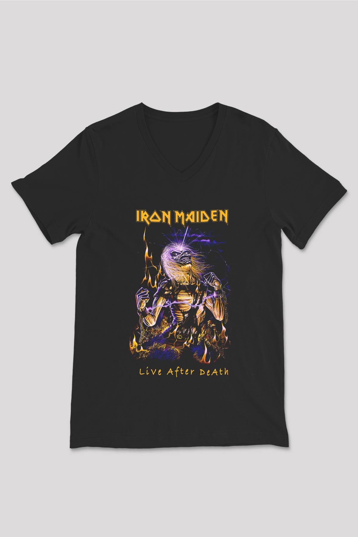 Iron Maiden Siyah Unisex V Yaka Tişört T-Shirt