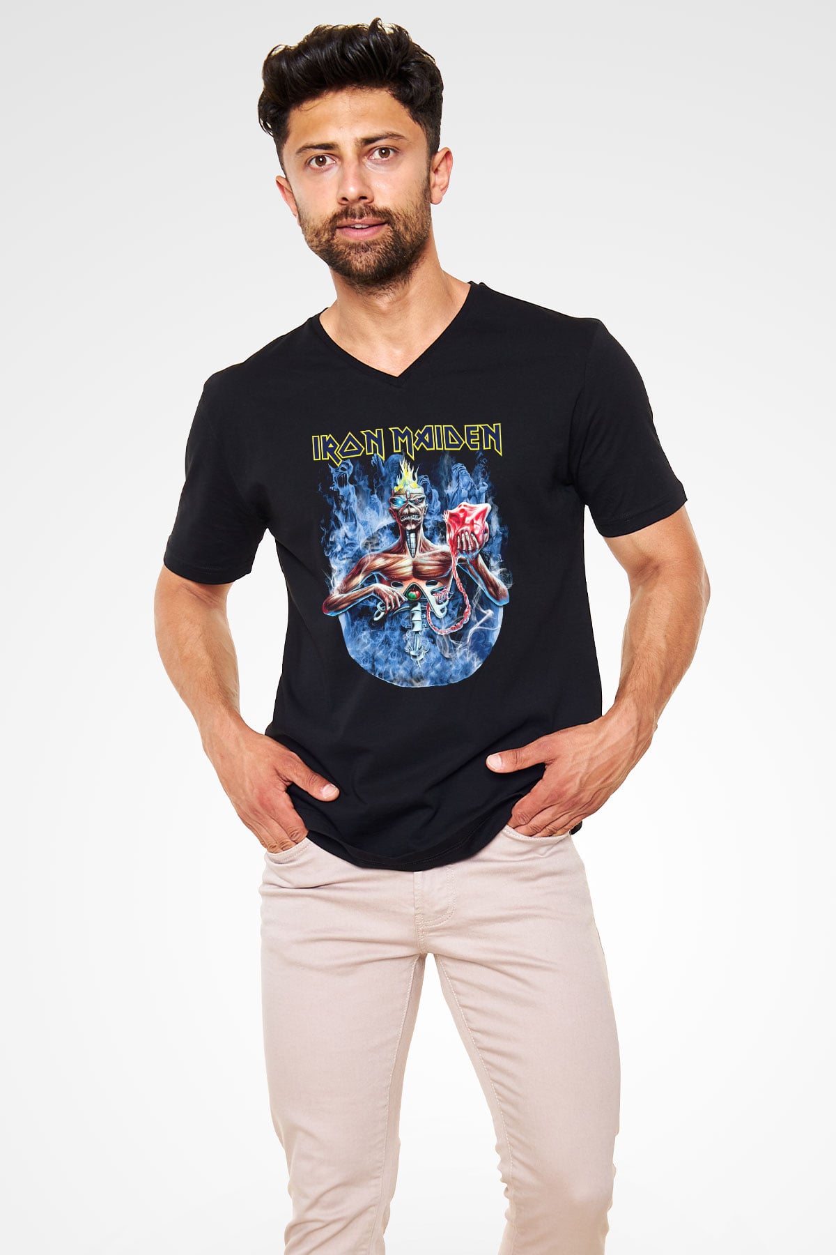 Iron Maiden Siyah Unisex V Yaka Tişört T-Shirt