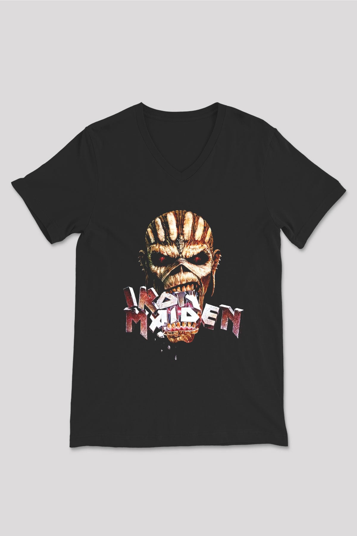 Iron Maiden Siyah Unisex V Yaka Tişört T-Shirt