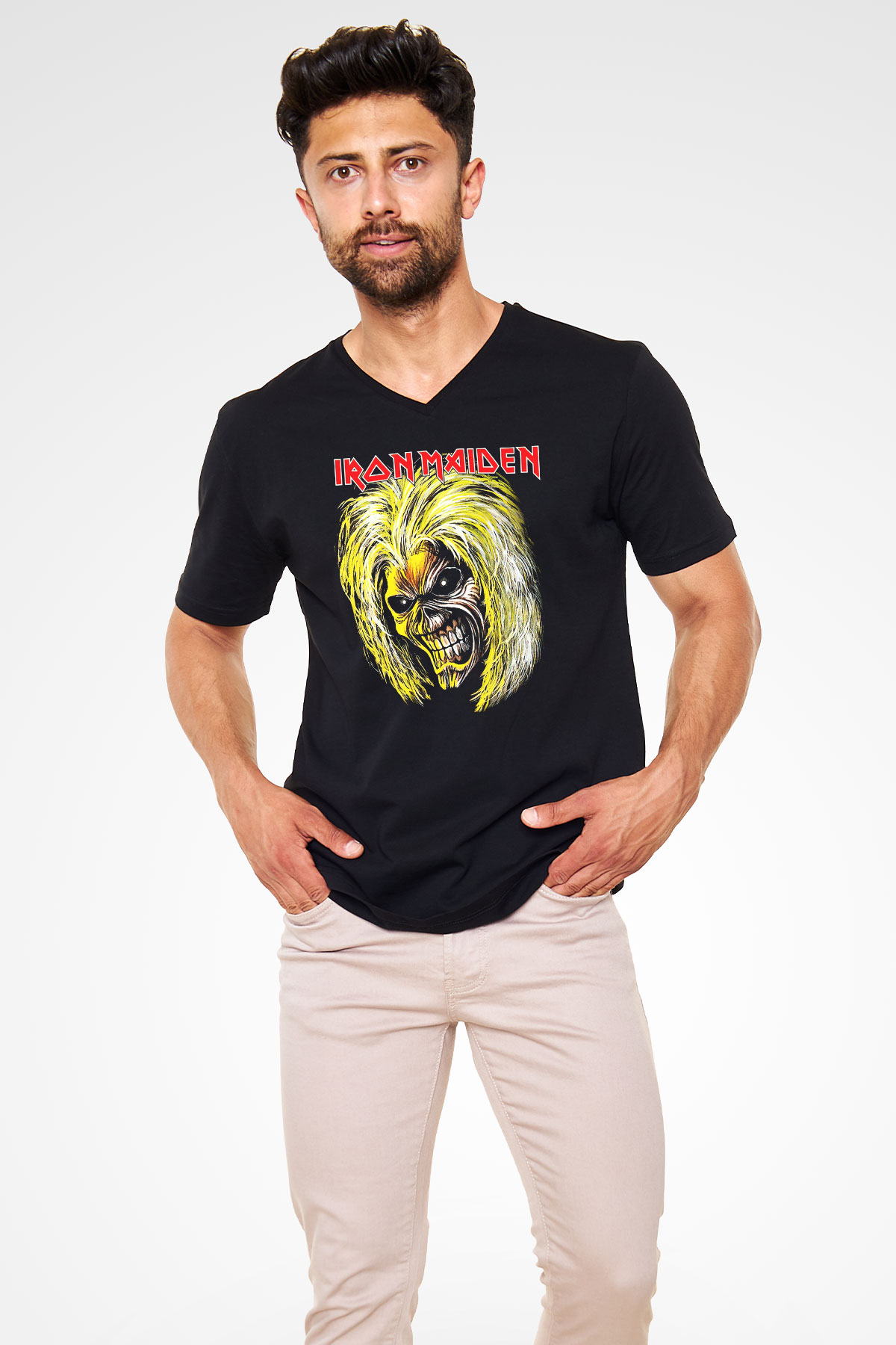 Iron Maiden Siyah Unisex V Yaka Tişört T-Shirt