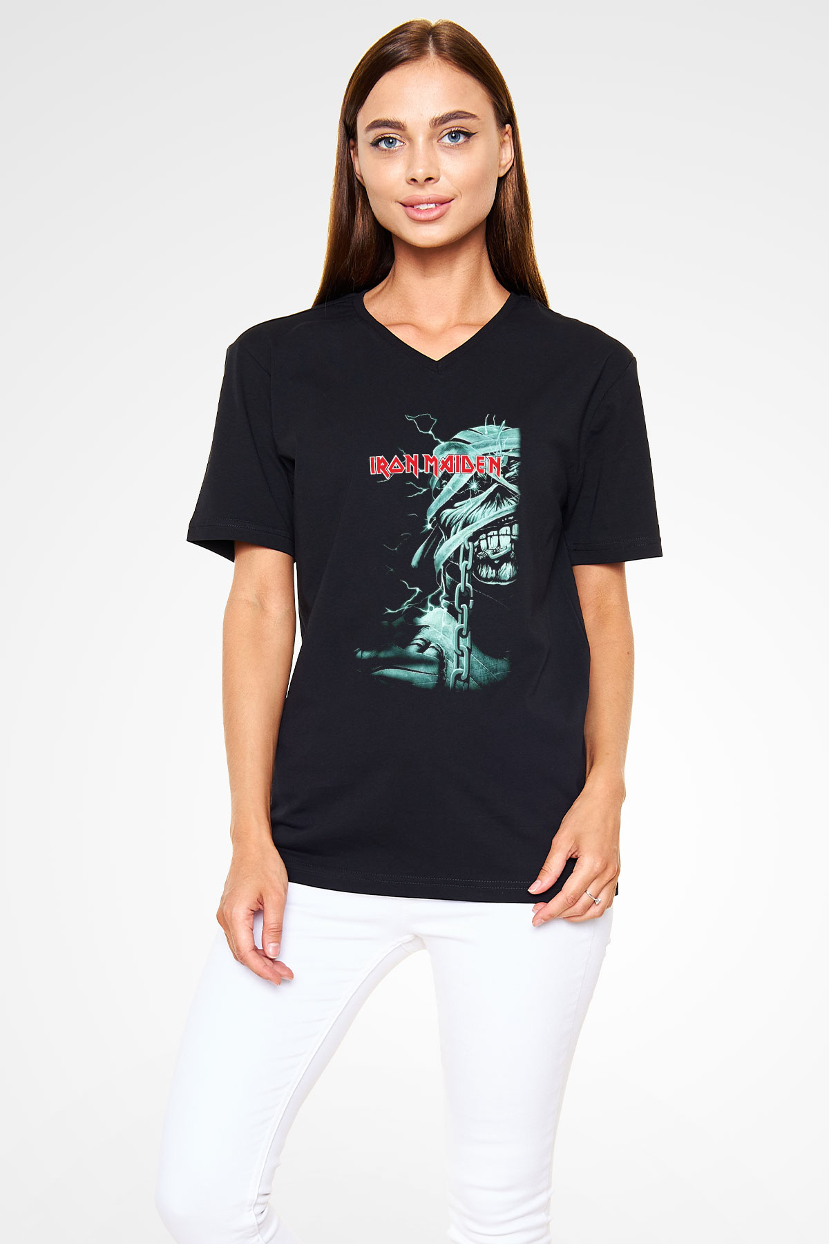 Iron Maiden Siyah Unisex V Yaka Tişört T-Shirt