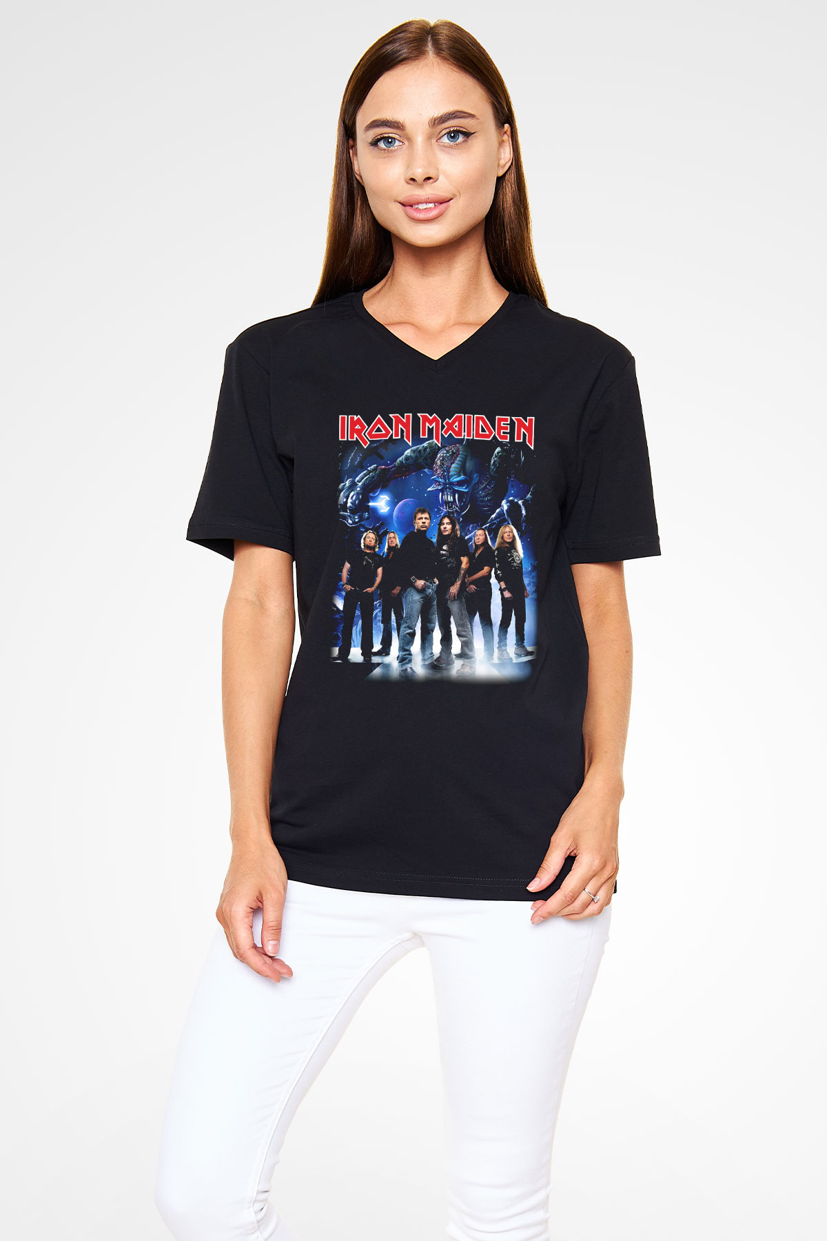 Iron Maiden Siyah Unisex V Yaka Tişört T-Shirt