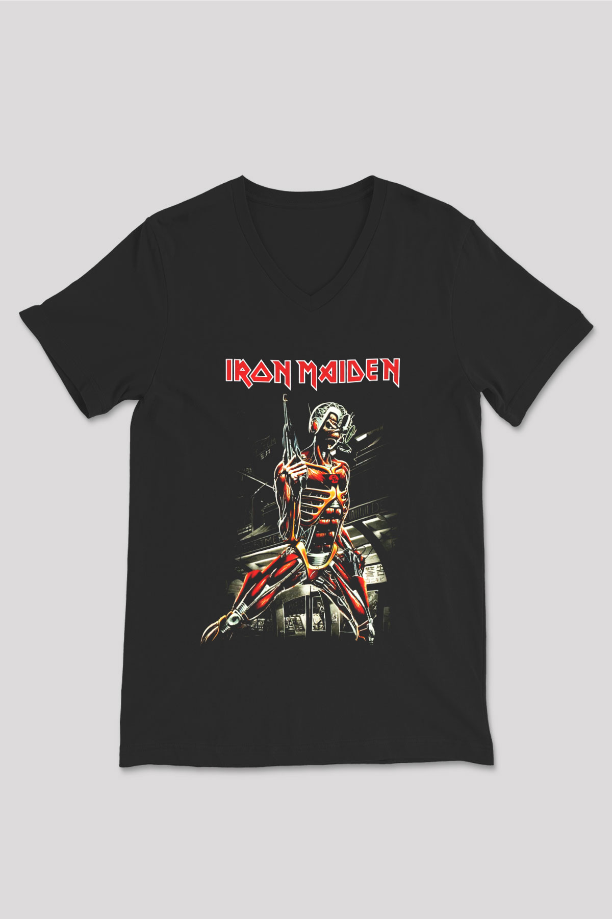 Iron Maiden Siyah Unisex V Yaka Tişört T-Shirt