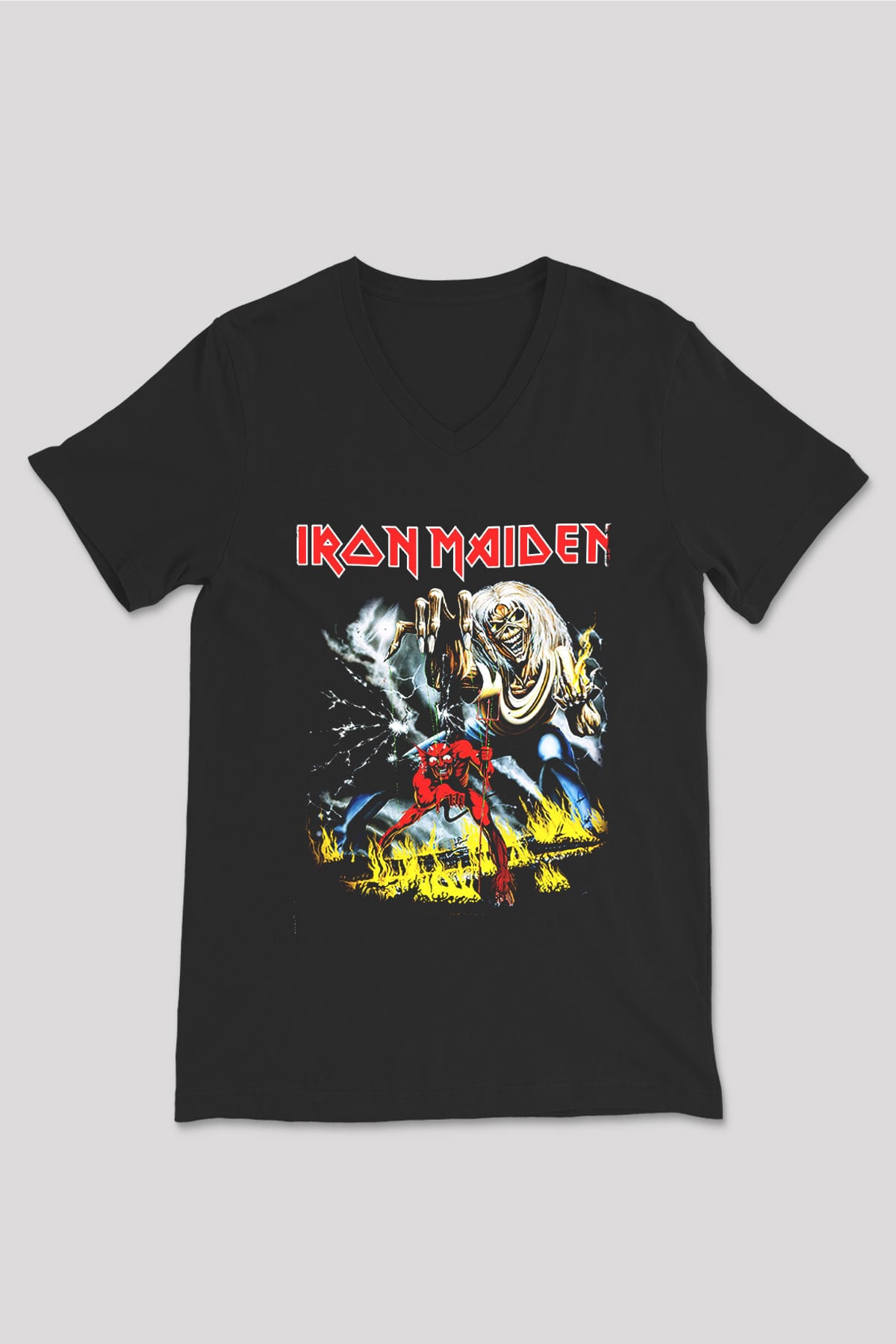Iron Maiden Siyah Unisex V Yaka Tişört T-Shirt