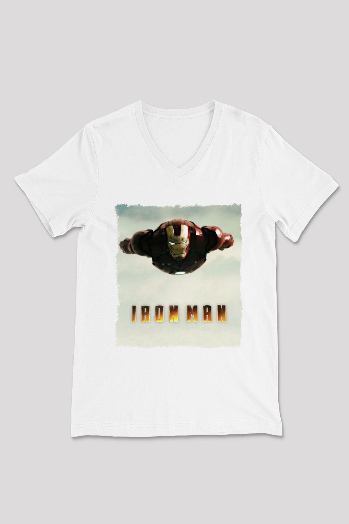 Iron Man Beyaz Unisex V Yaka Tişört