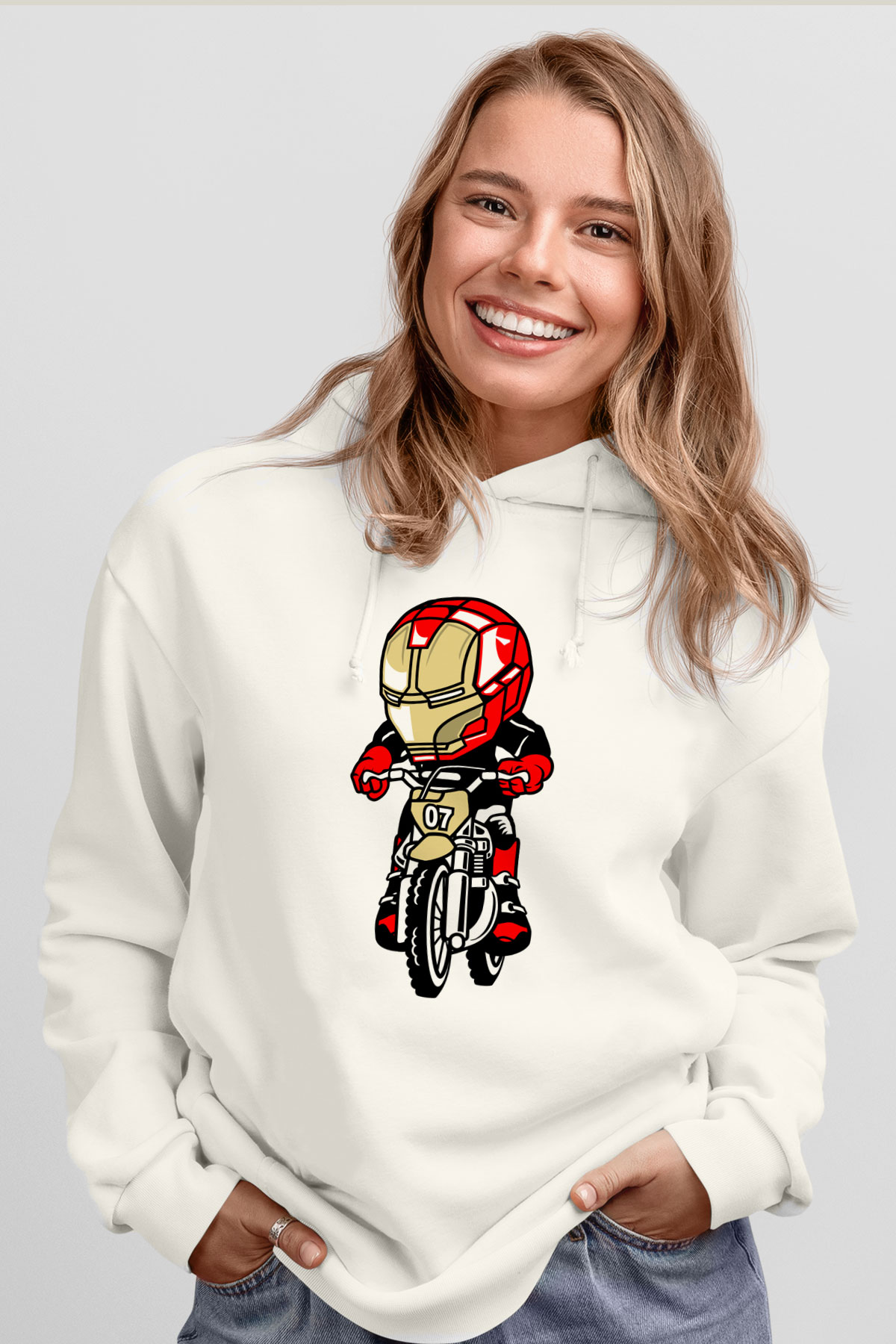 Iron Man Biker Baskılı Unisex Beyaz Hoodie
