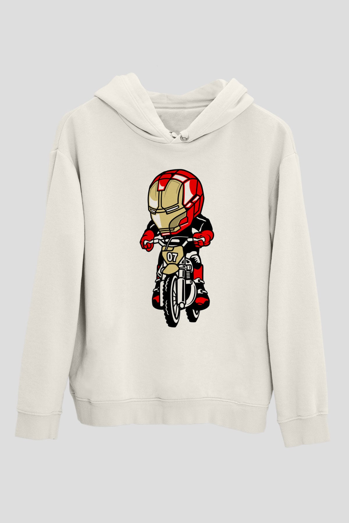 Iron Man Biker Baskılı Unisex Beyaz Hoodie