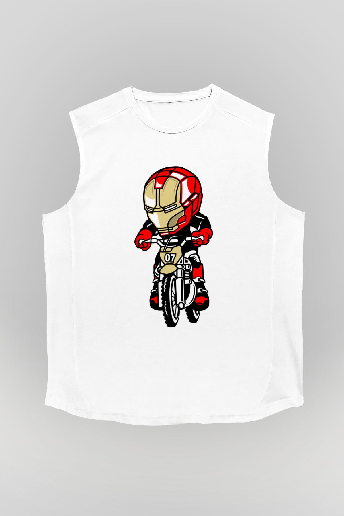 Iron Man Biker Baskılı Unisex Beyaz Kolsuz Tişört