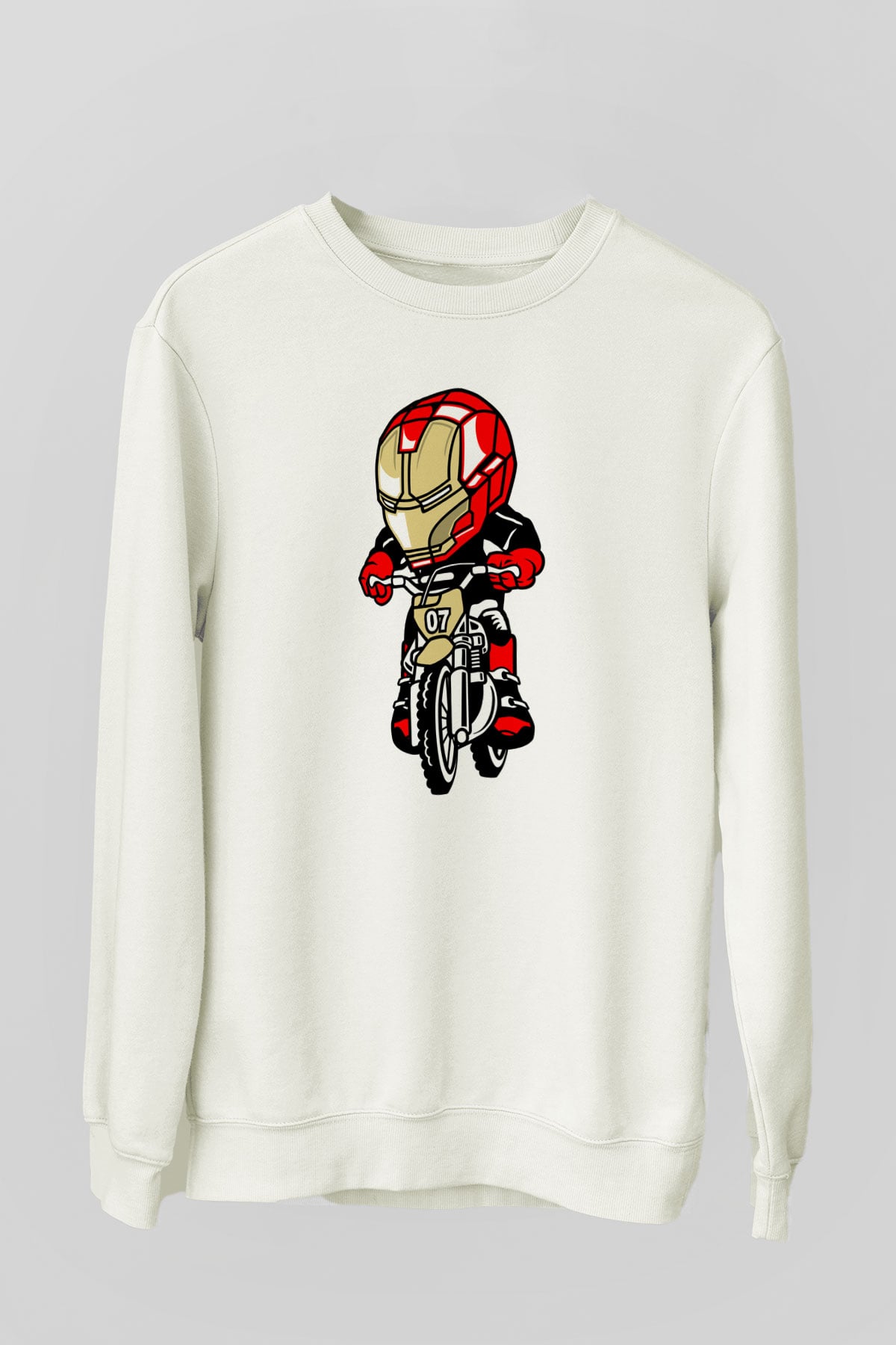 Iron Man Biker Baskılı Unisex Beyaz Sweatshirt