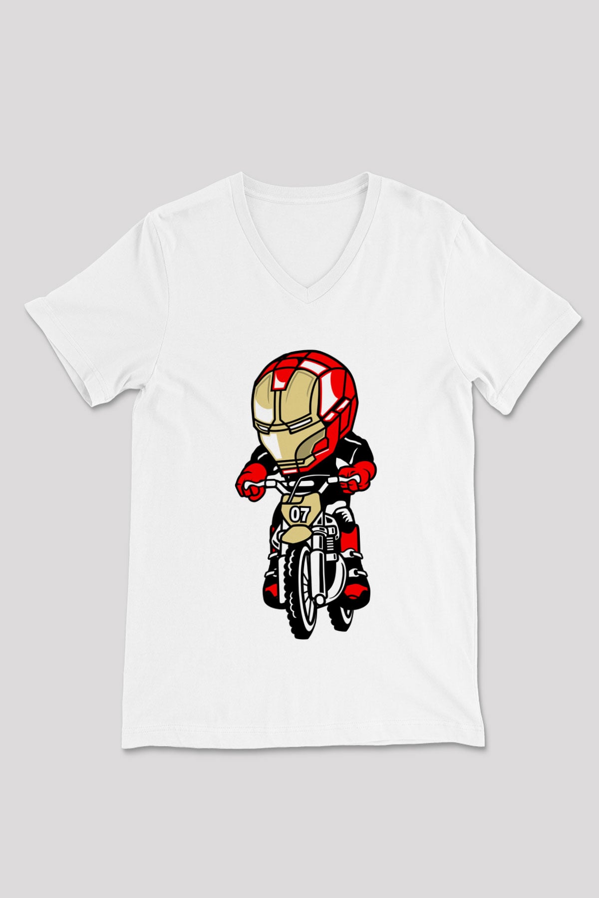Iron Man Biker Baskılı Unisex Beyaz V Yaka Tişört