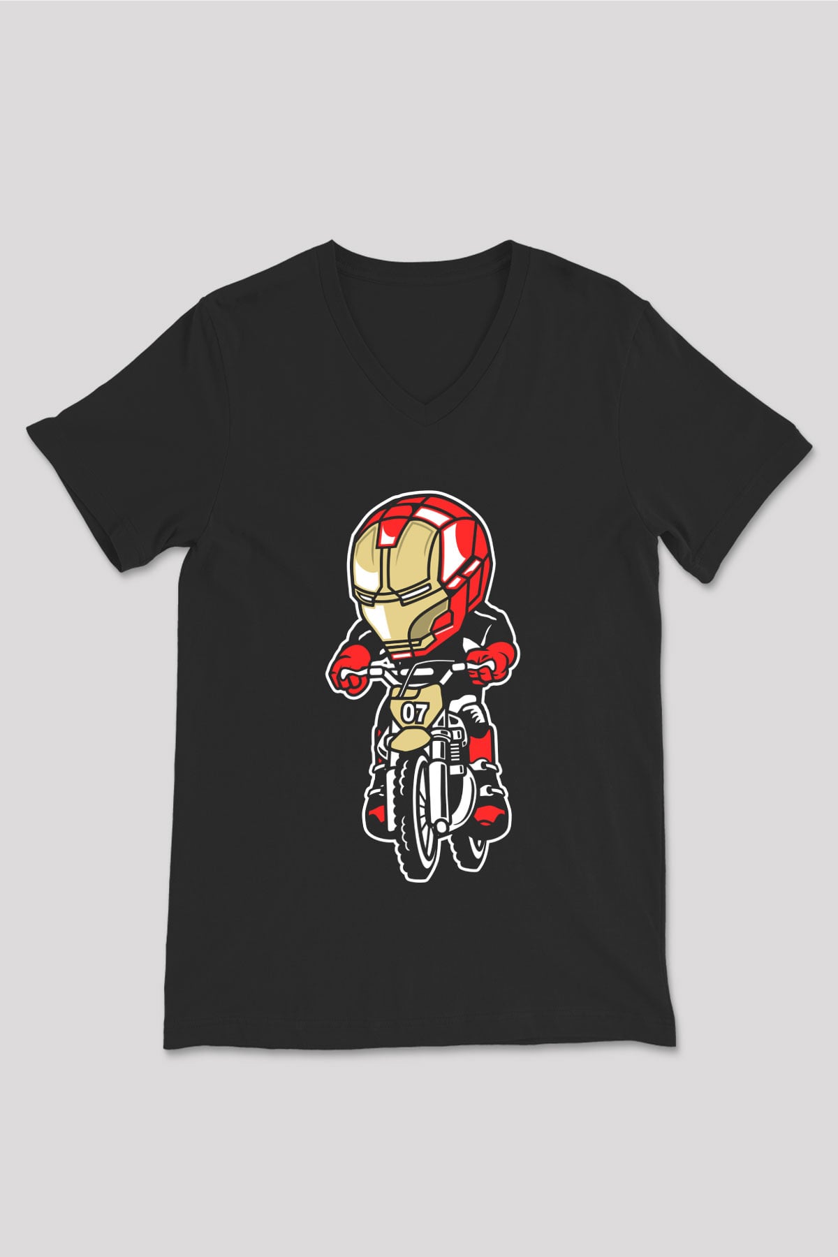 Iron Man Biker Baskılı Unisex Siyah V Yaka Tişört