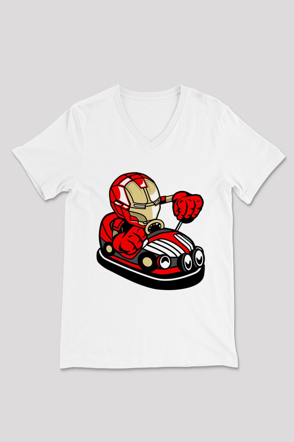 Iron Man Car Toy Baskılı Unisex Beyaz V Yaka Tişört