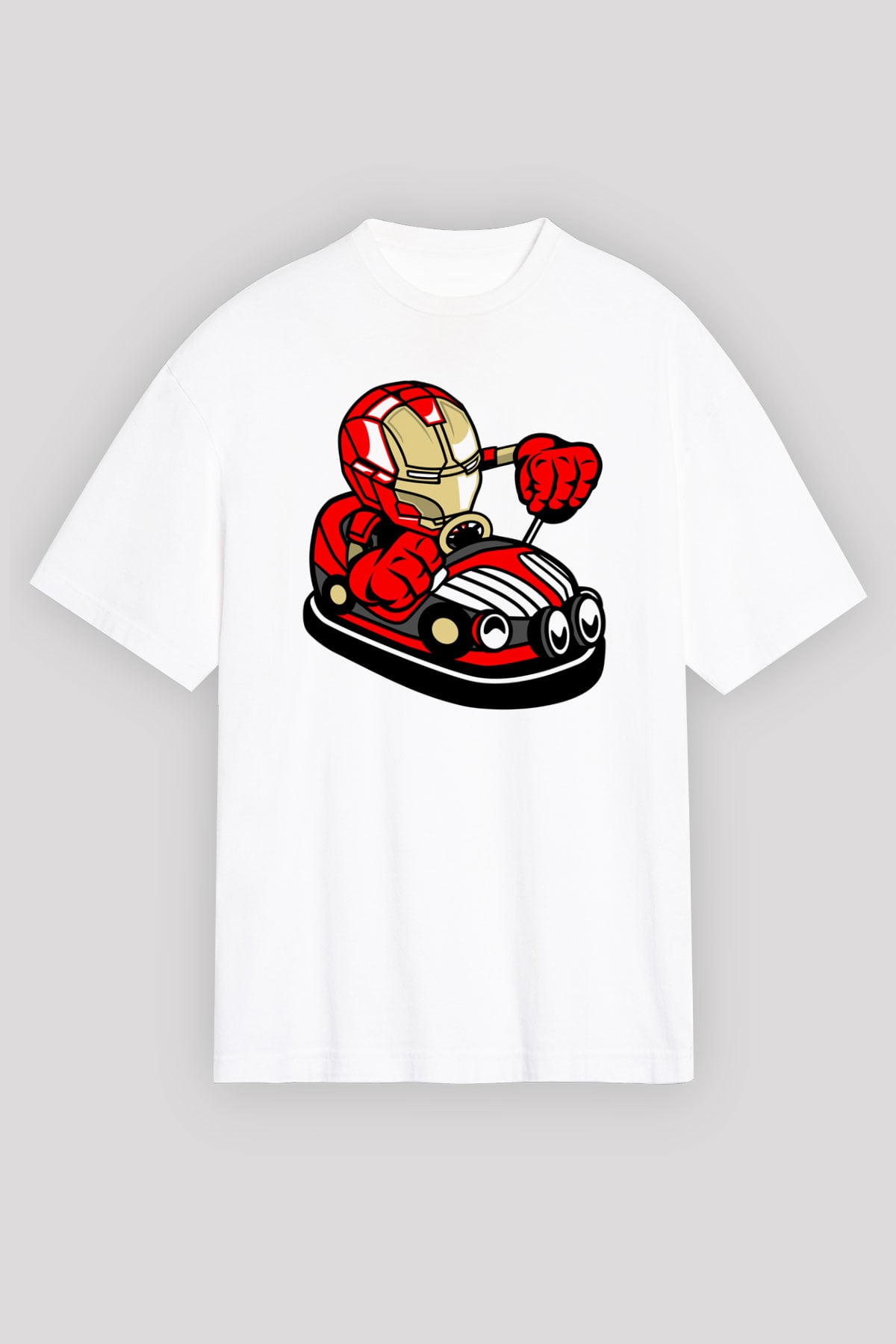 Iron Man Car Toy Baskılı Unisex Beyaz Oversize Tişört