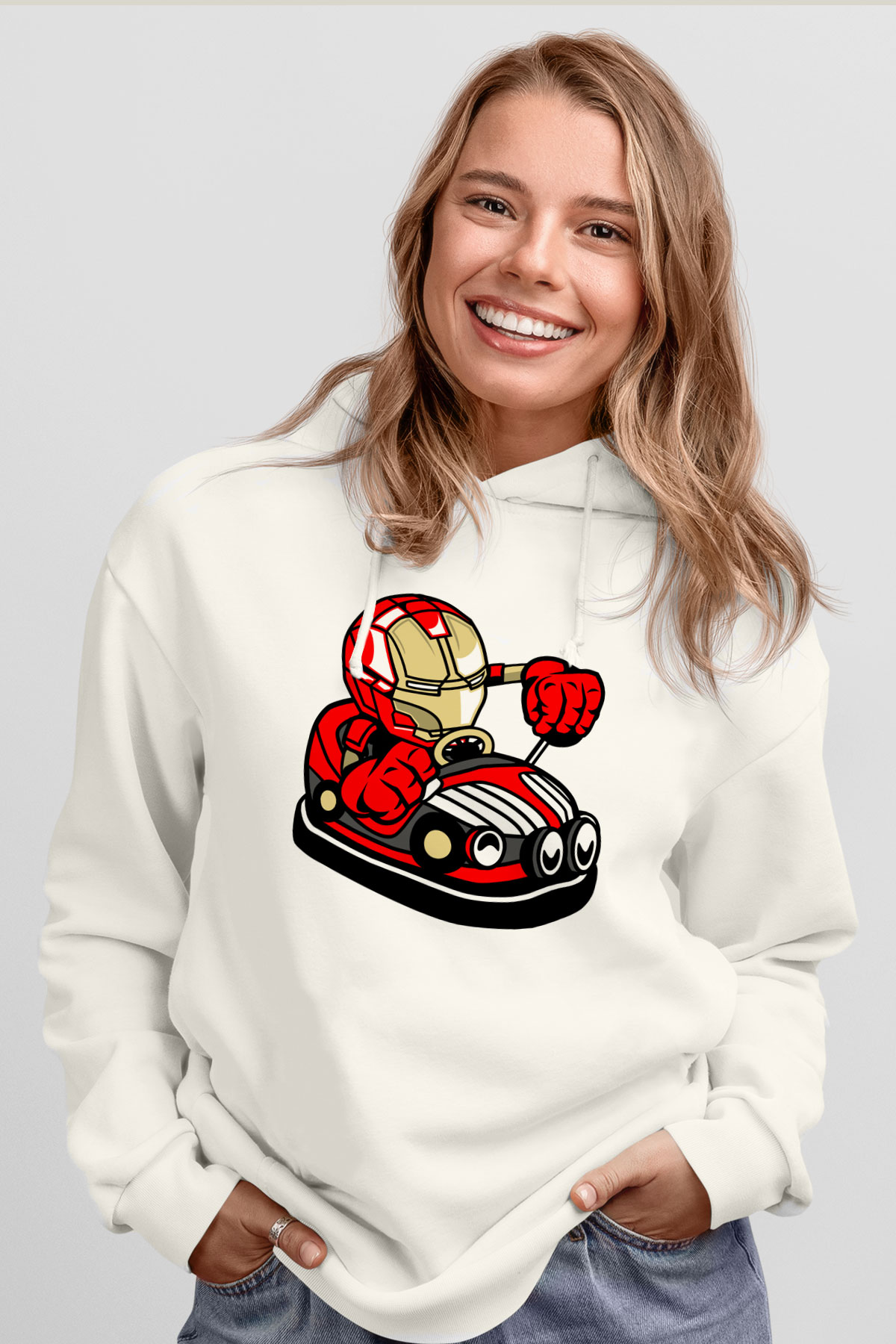 Iron Man Car Toy Baskılı Unisex Beyaz Hoodie